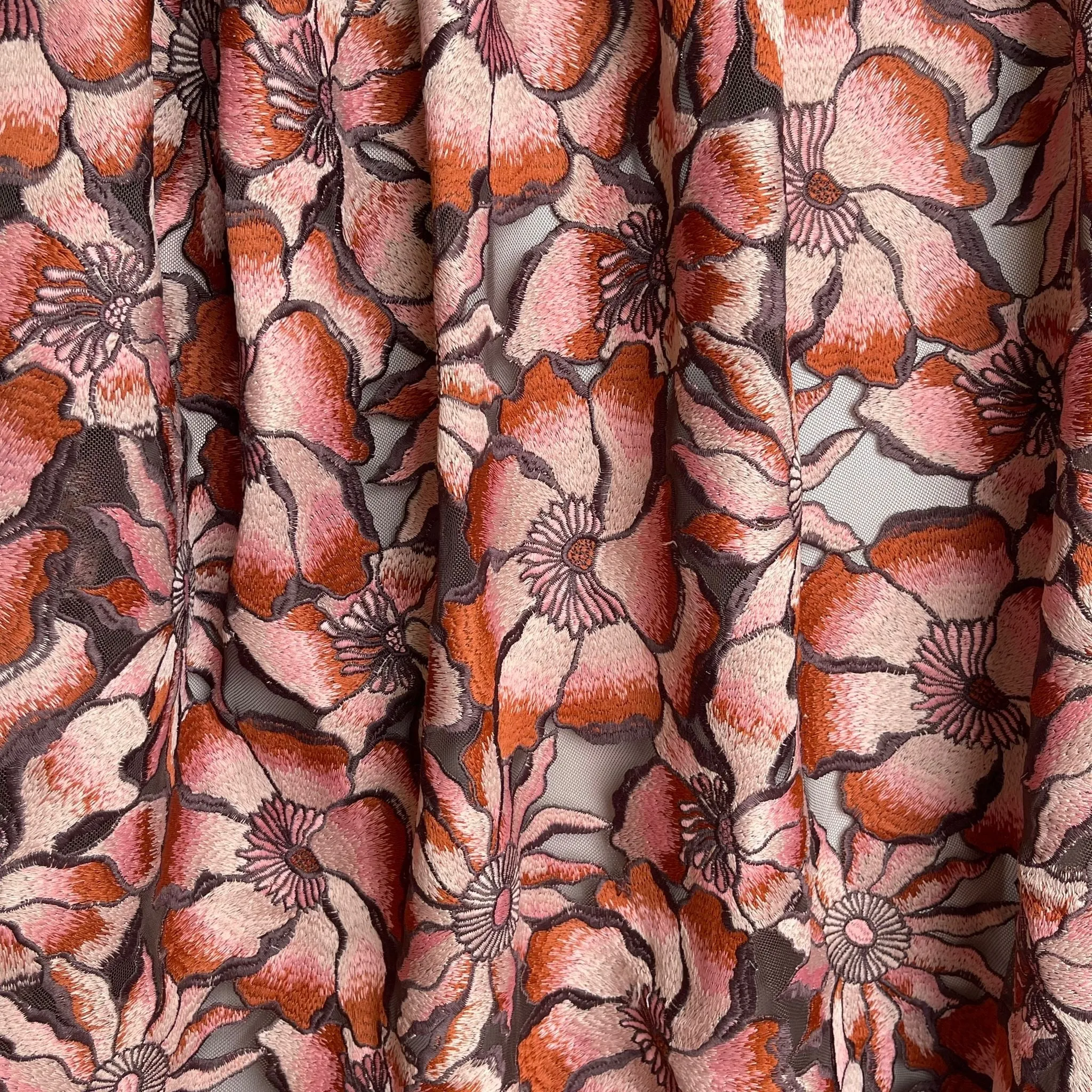 Vintage Floral in Old Rose Embroidered Tulle Fabric