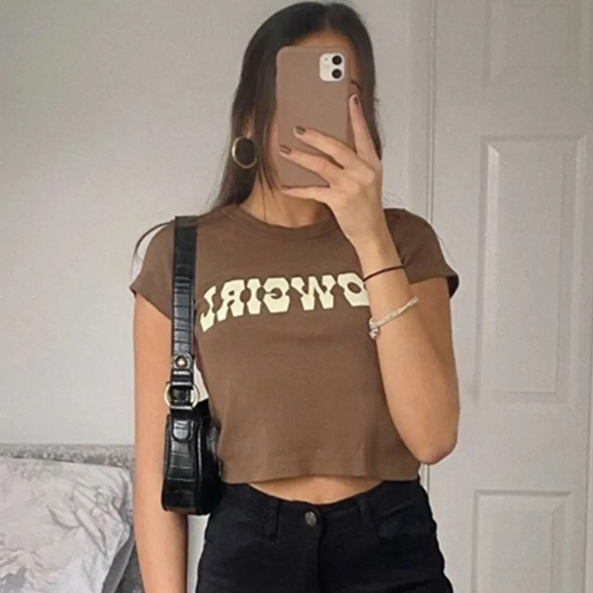 Vintage Printed Cotton Crop Top with Letter Design